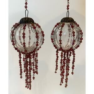 2 Vintage 1970s Kugel Style German Hand Blown Glass Ornament with Red Beads